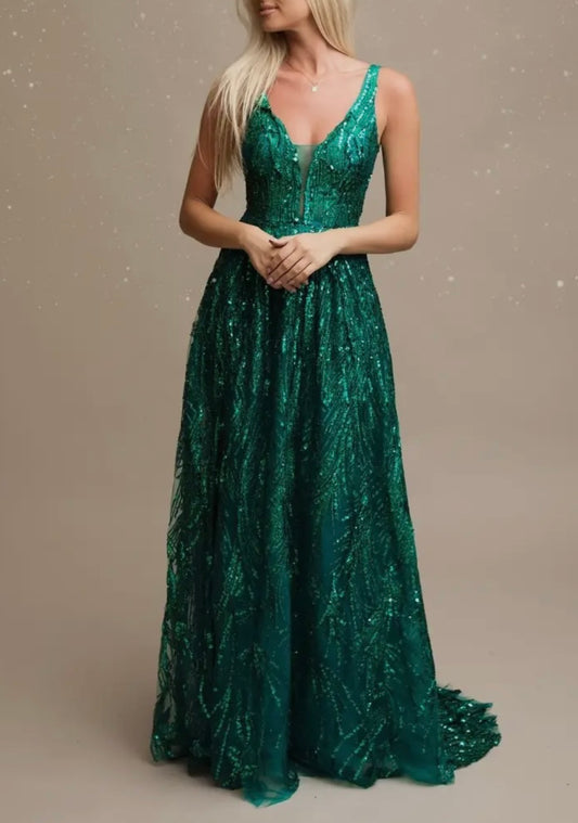Glitzerndes A-Linien-Abendkleid in Smaragdgrün